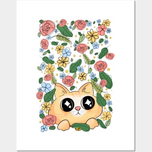 Cute starry eyed kitty cat and flowers Posters and Art